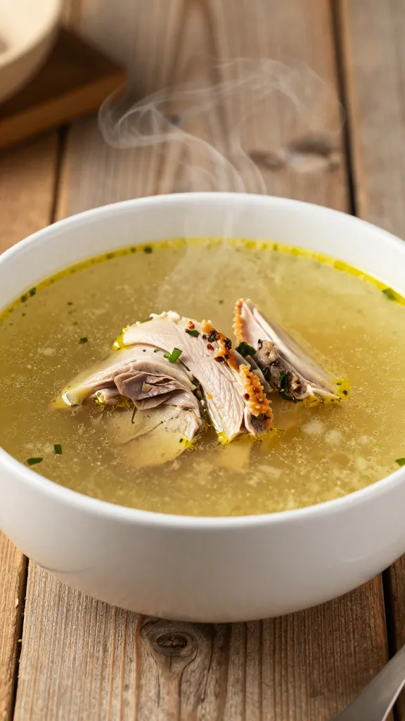 steaming turkey soup in white bowl, rustic wooden table