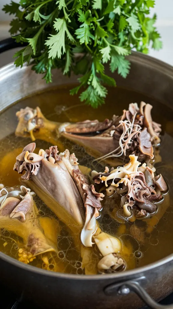 turkey carcass simmering in stockpot, fresh herbs overhead