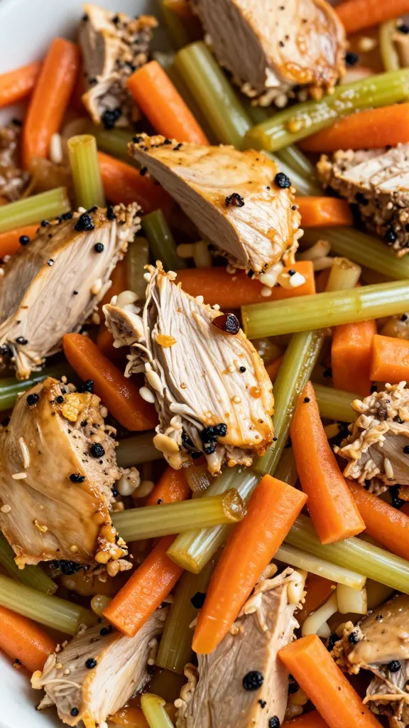 leftover turkey chunks with carrots and celery, close-up