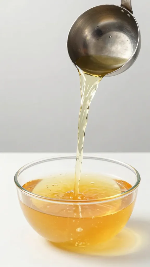ladle pouring golden turkey broth, minimal kitchen backdrop