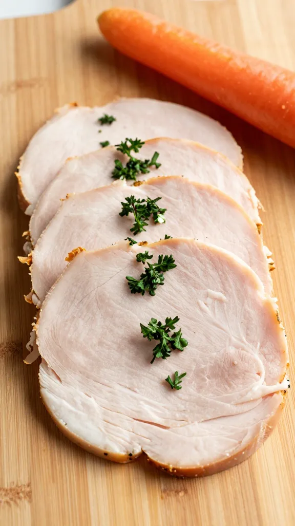 sliced turkey, wilted herbs, lone carrot on cutting board