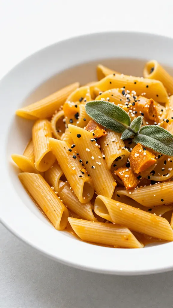 pumpkin sage pasta in white bowl, natural light