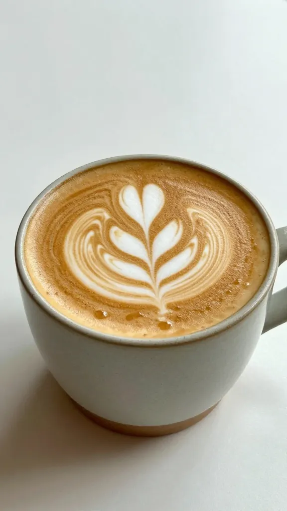 maple pumpkin latte in ceramic mug, latte art