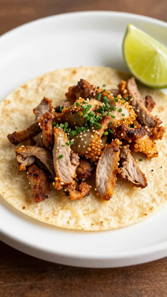 Warm corn tortillas topped with crispy pork, lime wedges