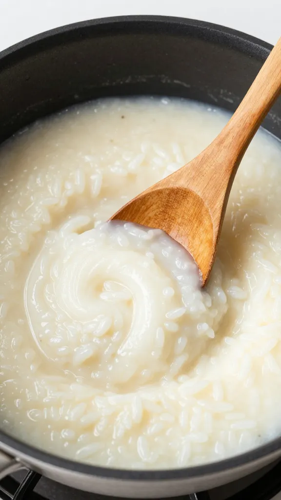 stovetop saucepan with rice pudding, wooden spoon swirl