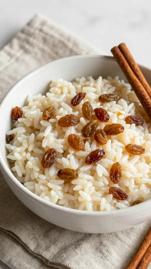 rice pudding with raisins and cinnamon stick, rustic linen