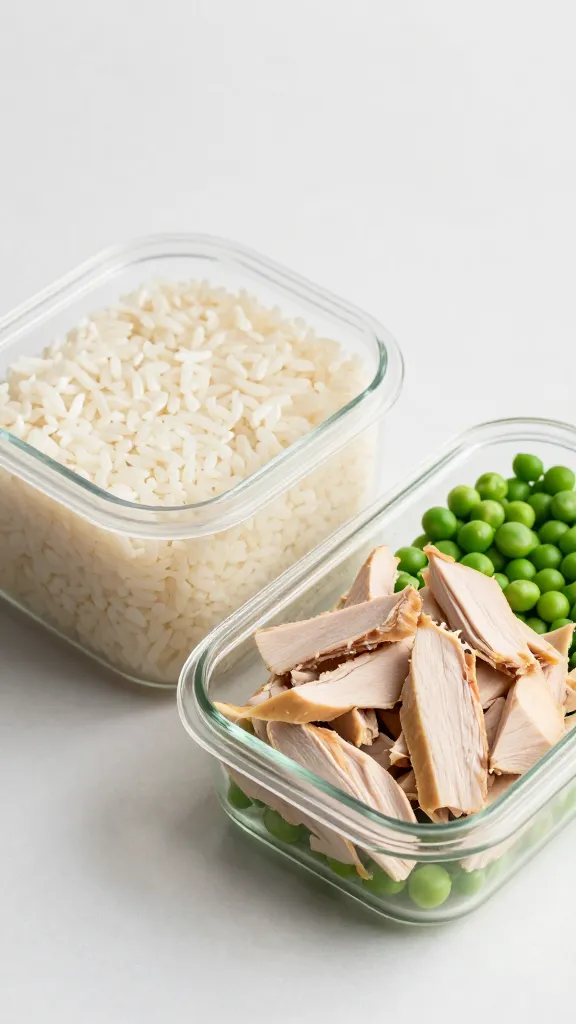 day-old rice container beside chopped turkey and peas