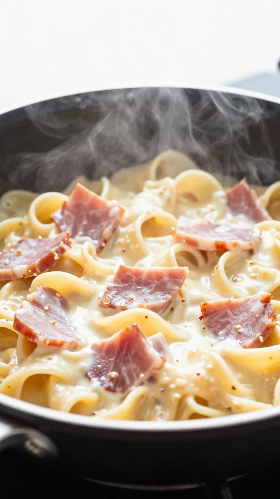 creamy ham pasta in skillet, steam rising