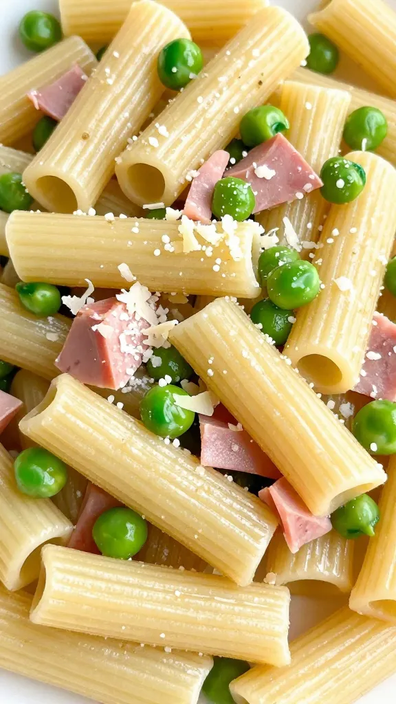 rigatoni with ham and peas, parmesan sprinkle, close-up