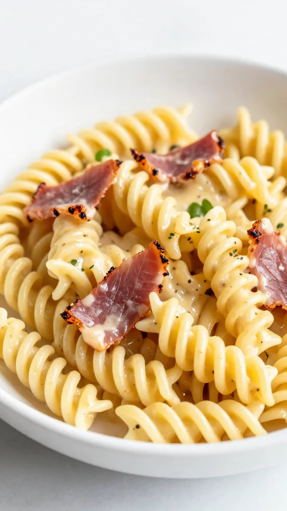 fusilli with smoky ham in buttery sauce, shallow depth