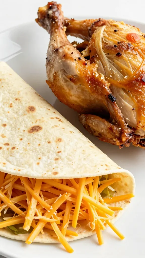Rotisserie chicken shredded beside tortillas and cheese
