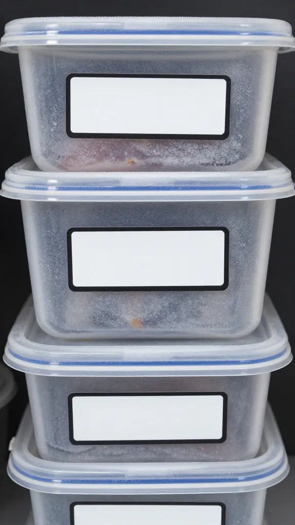 Labeled freezer meal containers stacked, frost-kissed lids