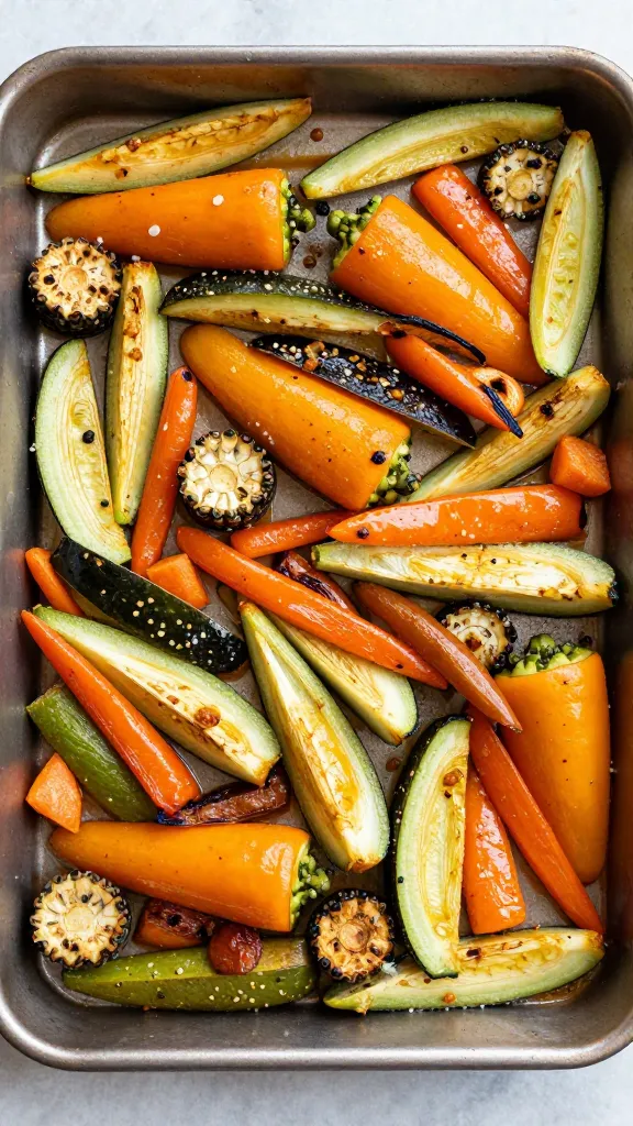 Sheet pan of cooled roasted vegetables before freezing