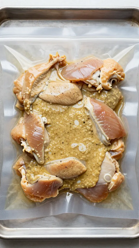 Vacuum-sealed chicken marinades flat on baking sheet