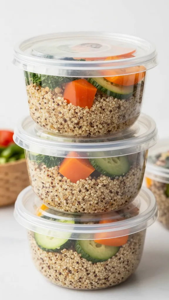Individual quinoa bowls with veggies, sealed and stacked