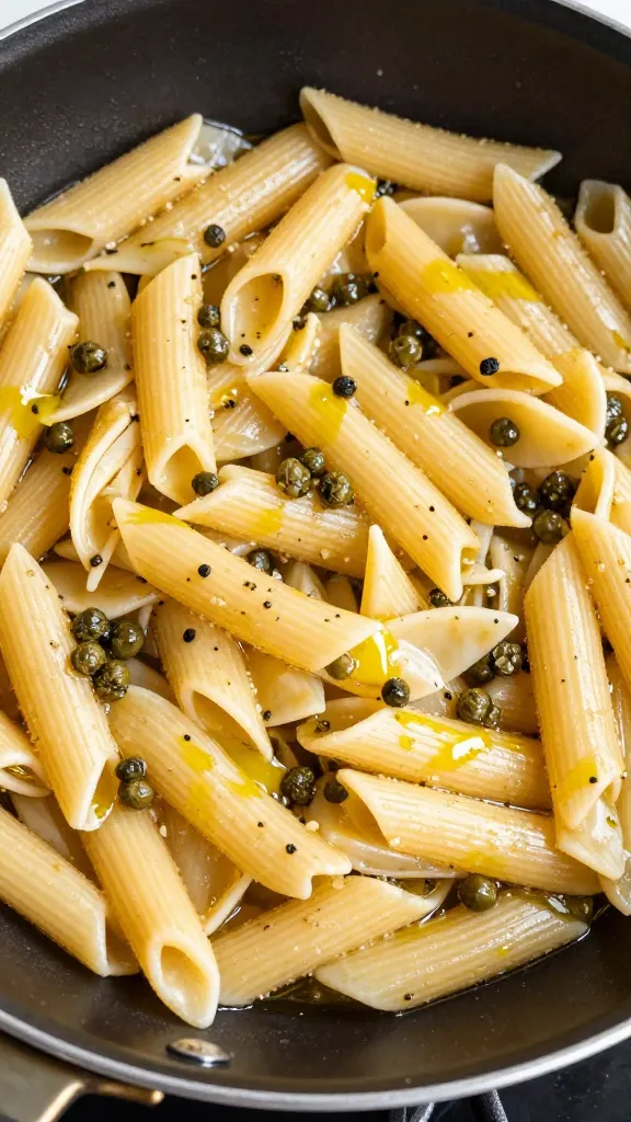 Beans and capers pasta in skillet, olive oil drizzle