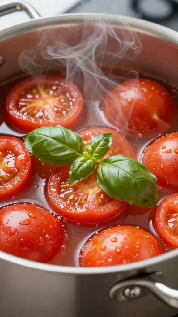 Canned tomatoes simmering in pot, basil, steam rising