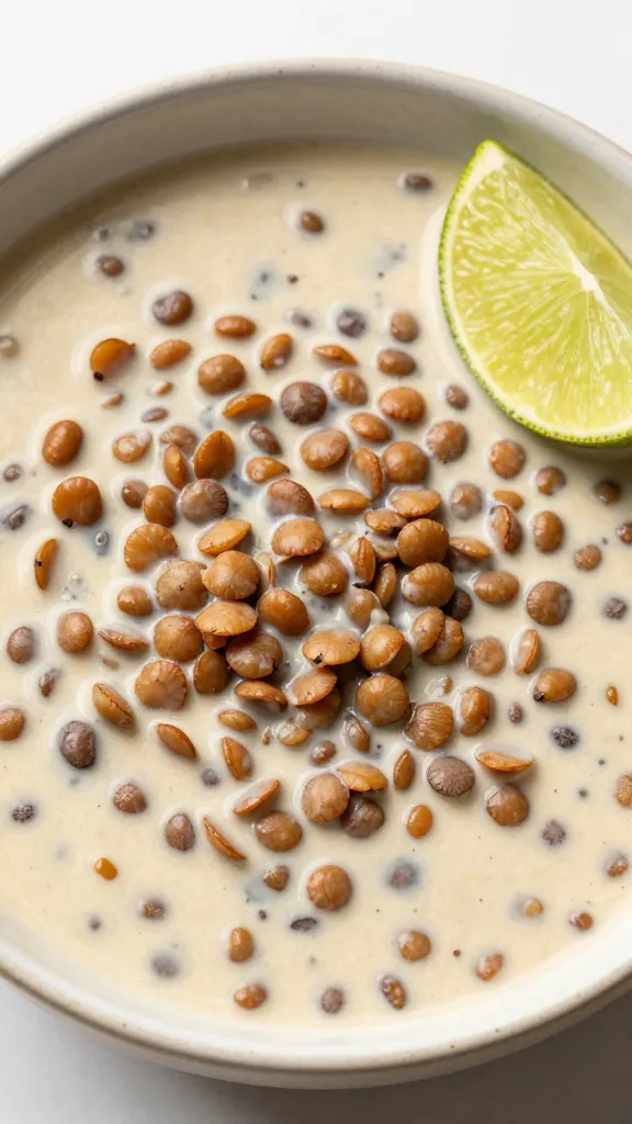 Creamy coconut lentil stew in bowl, lime wedge