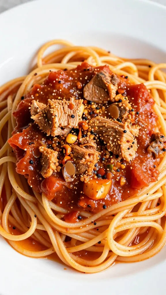 Pantry tuna puttanesca on spaghetti, chili flakes