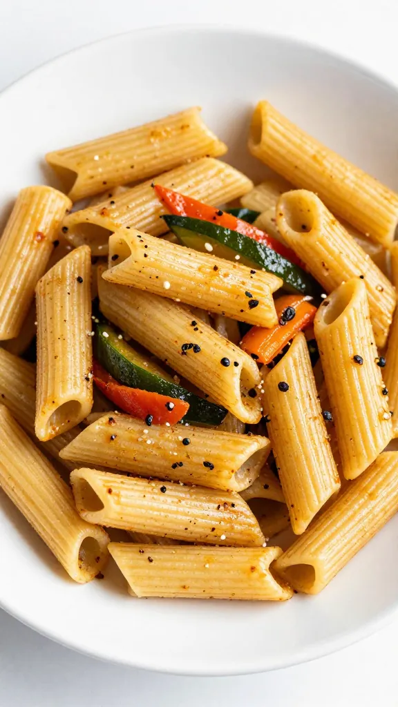 Roasted vegetable pasta in white bowl, short rigatoni