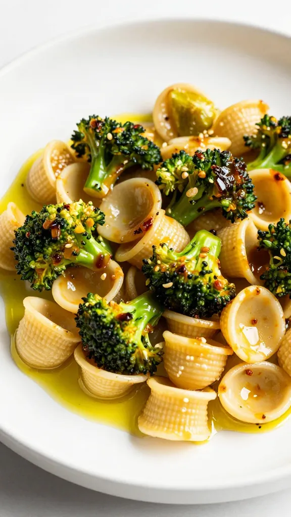 Caramelized broccoli and brussels on orecchiette, olive oil drizzle