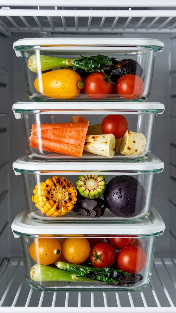 Rainbow roasted veg in glass containers, fridge shelf