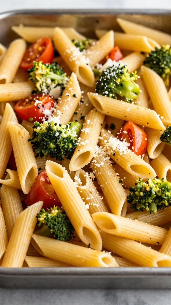 Leftover sheet-pan veggies tossed with penne, parmesan sprinkle
