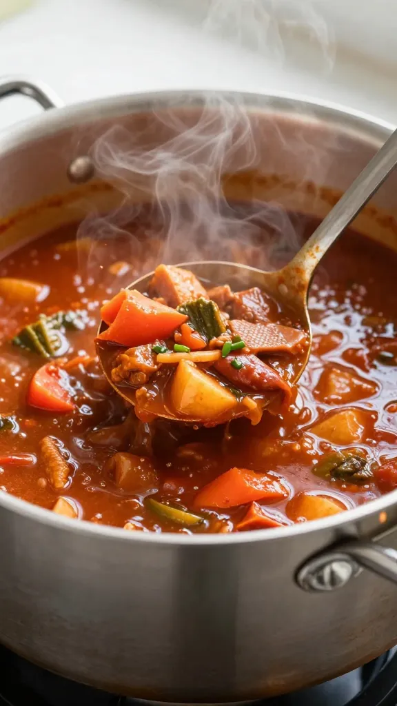 Big pot of budget chili with ladle, steam rising