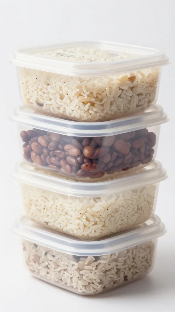 Meal-prep rice and beans in labeled freezer containers