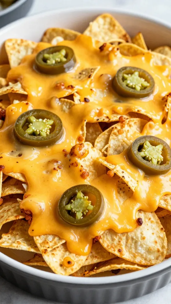 Family-style nacho bake with melted cheese and jalapeños