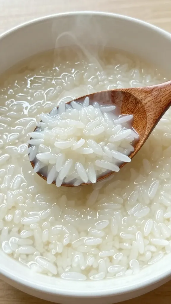 steaming leftover rice soup in white bowl, wooden spoon