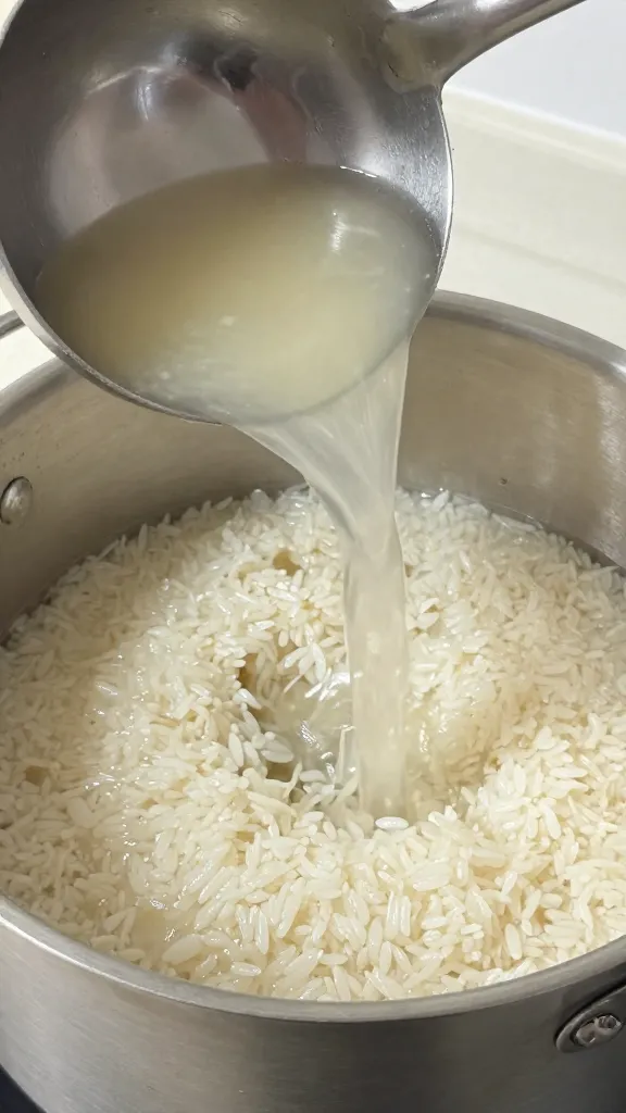 ladle pouring broth over day-old rice, stainless pot