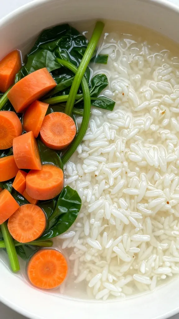 chopped carrots and spinach beside pot of rice soup