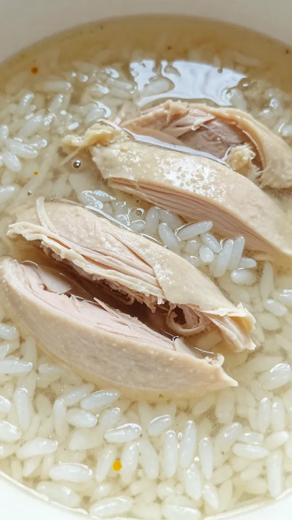 close-up silky broth with rice and shredded chicken