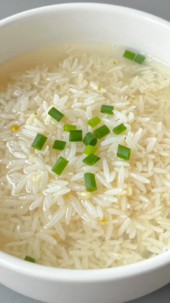 fridge-leftover rice transformed into soup, garnished scallions