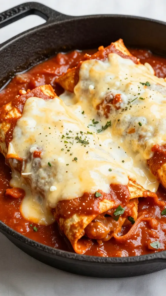 Turkey enchiladas in red sauce, bubbling cheese, cast-iron pan