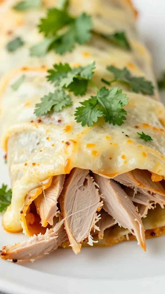 Close-up sliced turkey enchilada, melted cheese pull, cilantro