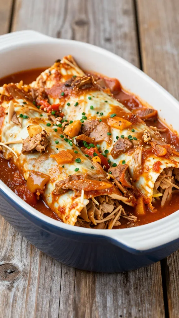 Casserole dish of turkey enchiladas on rustic wooden table