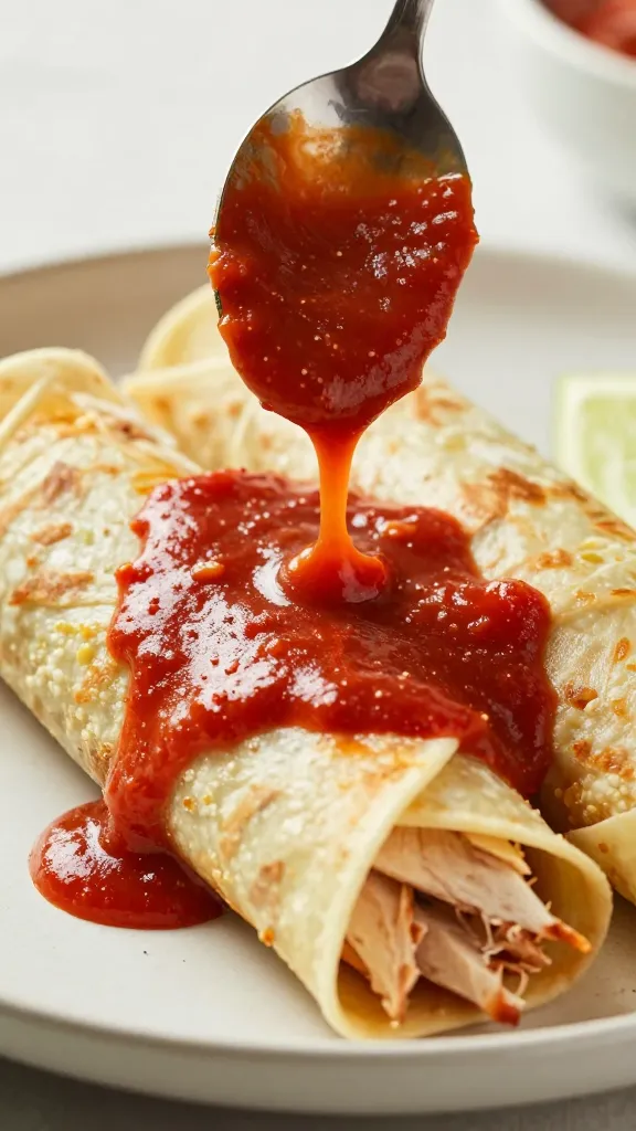 Spoon drizzling red enchilada sauce over rolled turkey tortillas