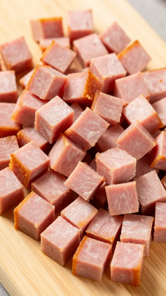 diced leftover ham cubes with golden edges on board