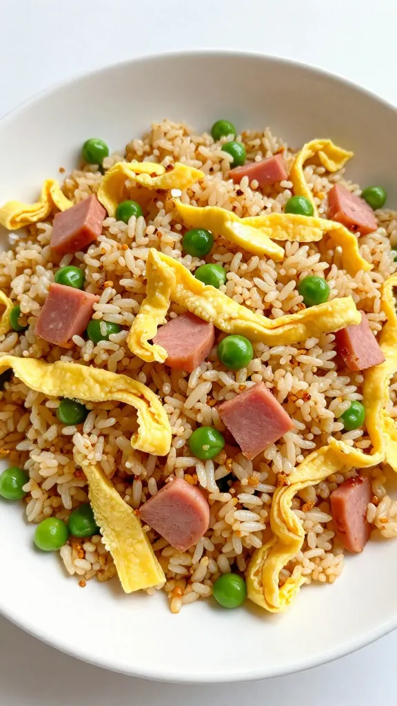 wok with ham fried rice, peas and egg ribbons