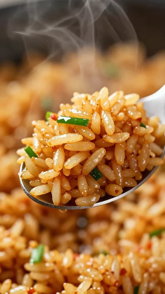 soy-slicked fried rice spoonful, steaming, close-up