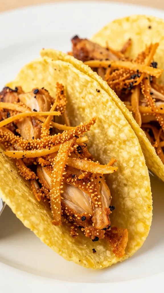 Crispy shredded rotisserie chicken in warm corn tortillas