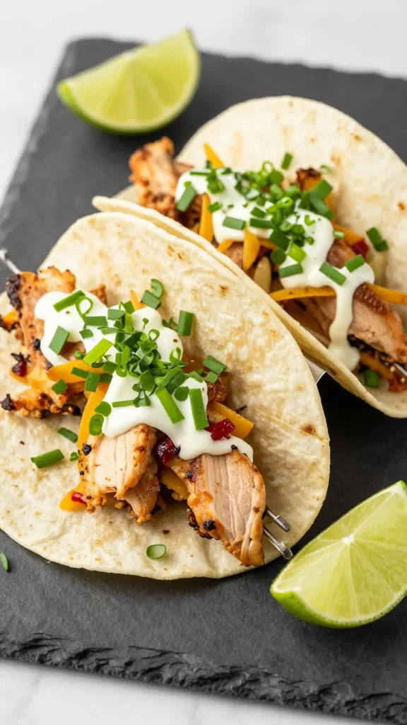 Rotisserie chicken tacos with lime wedges on slate plate