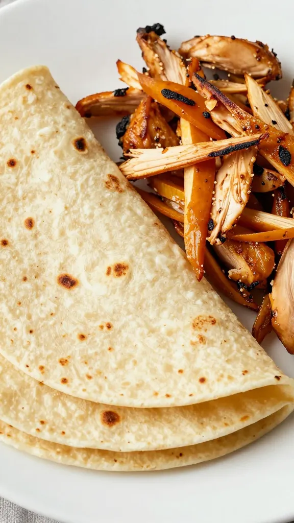 Charred corn tortillas stacked beside shredded rotisserie chicken