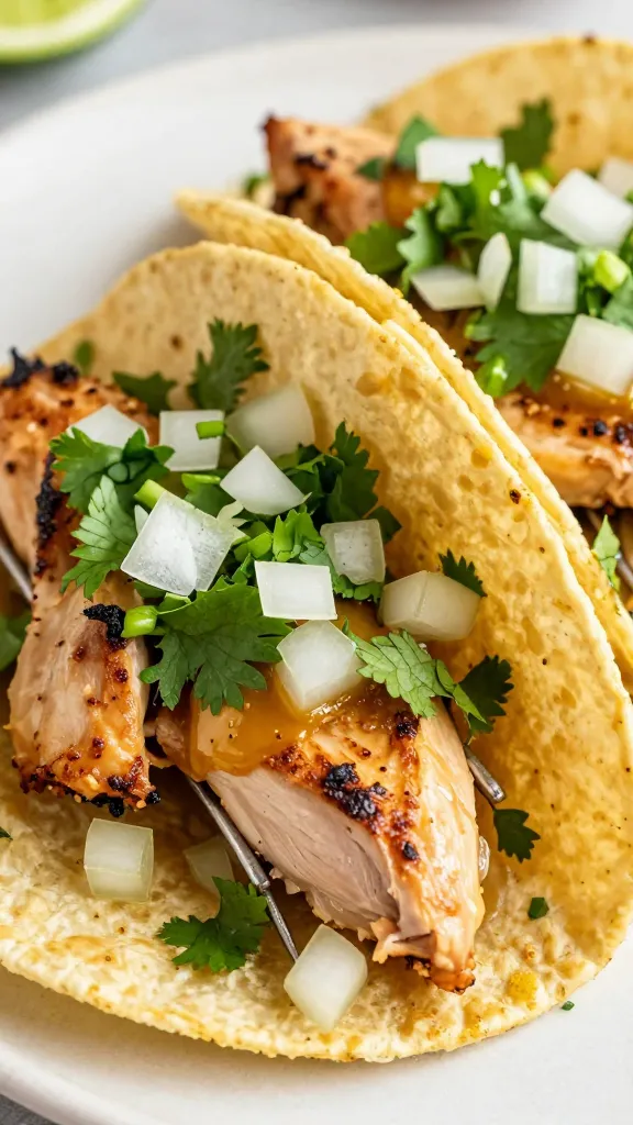 Rotisserie chicken taco topped with cilantro and diced onions