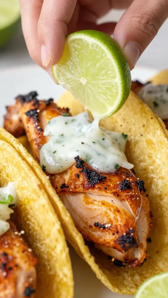Squeezed lime over crispy rotisserie chicken taco, close-up